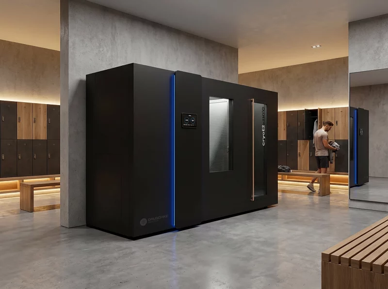 Druschke cryoE2 all-in-one Kältekammer steht in einem Umkleideraum von einem Fitnessstudio
