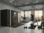 Druschke cryoE2 all-in-one Kältekammer steht in einem großen Fitnessraum mit Fensterblick auf eine Skyline