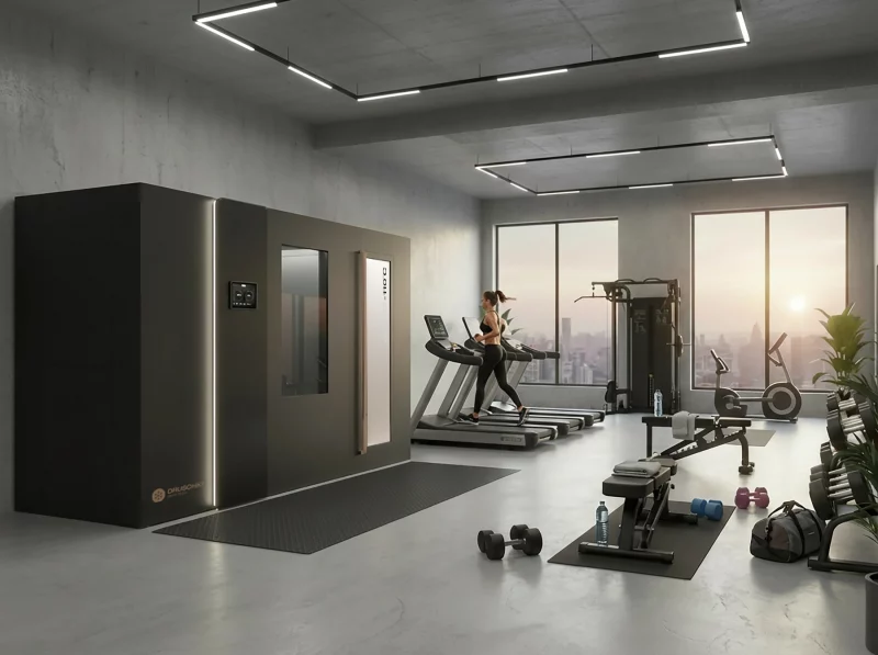 Druschke cryoE2 all-in-one Kältekammer steht in einem großen Fitnessraum mit Fensterblick auf eine Skyline