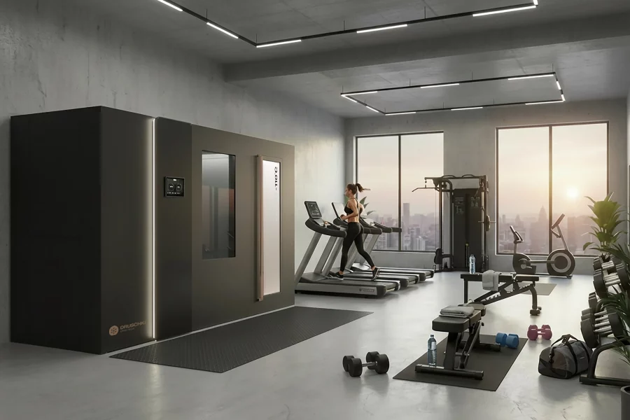 Druschke cryoE2 all-in-one Kältekammer steht in einem großen Fitnessraum mit Fensterblick auf eine Skyline