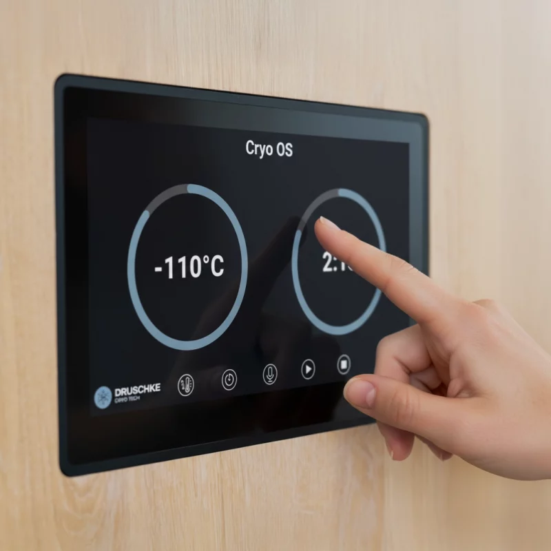 Betriebssystem Cryo Os auf Holz-Paneel wird von einer Hand bedient