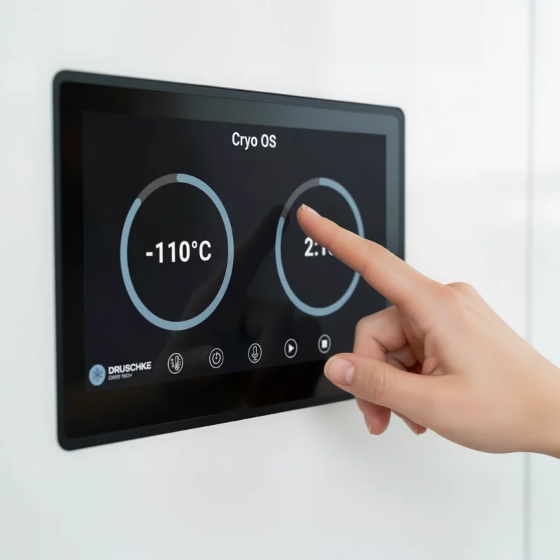 Betriebssystem Cryo Os auf weißem Paneel wird von einer Hand bedient