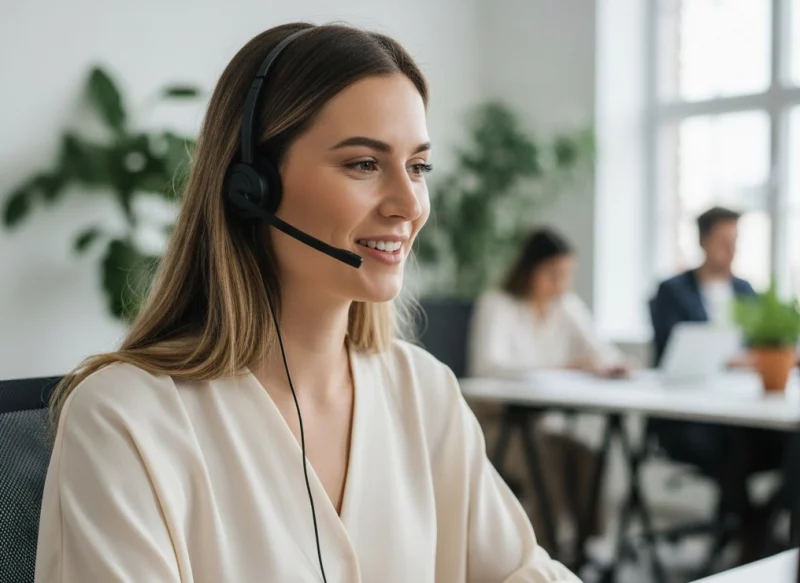 Freundlich aussehende Frau telefoniert mit Headset