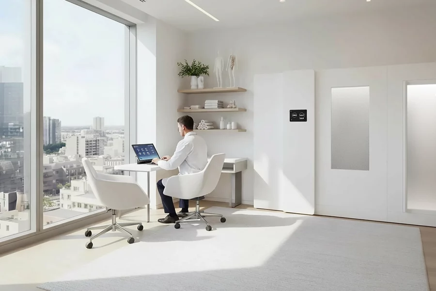 Druschke cryoE2 all-in-one Kältekammer steht in einem Behandlungszimmer beim Arzt. Der Arzt sitzt daneben an einem Schreibtisch