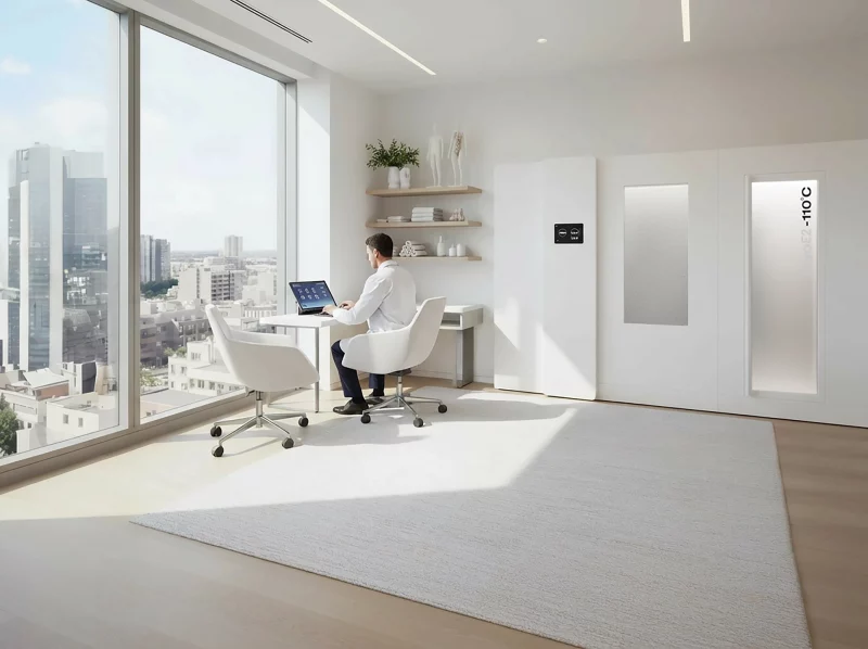 Druschke cryoE2 all-in-one Kältekammer steht in einem Behandlungszimmer beim Arzt. Der Arzt sitzt daneben an einem Schreibtisch